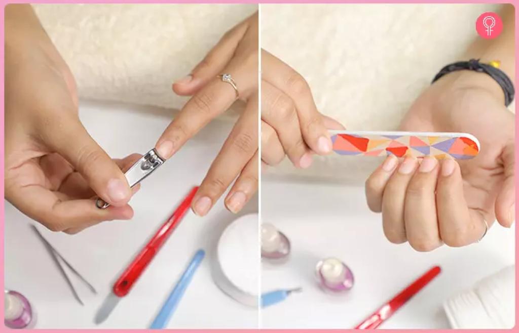 Step-by-step DIY manicure tools laid out for perfect wedding nail preparation at home.