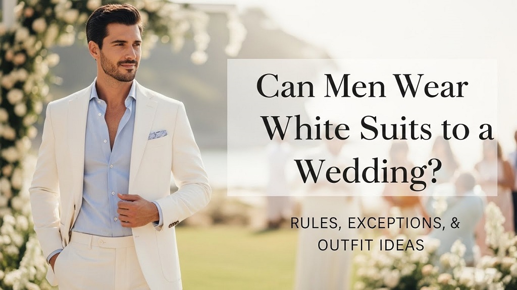 Can men wear white suits to a wedding as guests