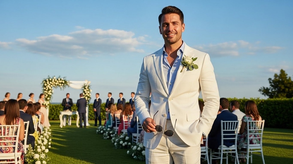 Can men wear white suits to a wedding as guests