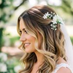 Bride with loose wavy boho wedding hair adorned with white flowers at outdoor garden ceremony