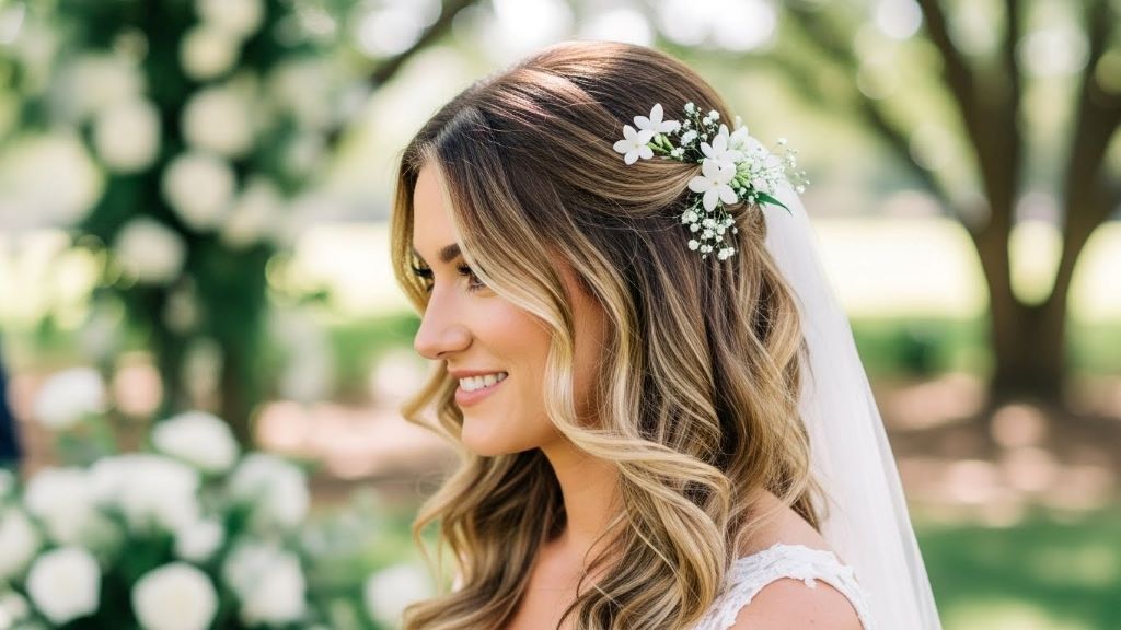 Bride with loose wavy boho wedding hair adorned with white flowers at outdoor garden ceremony