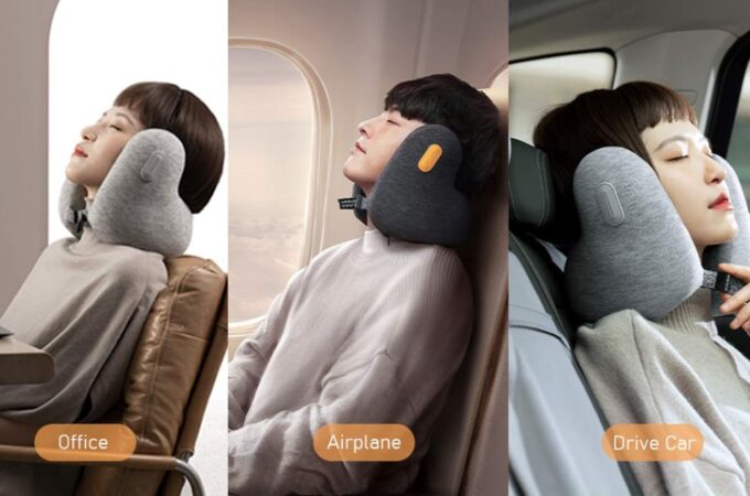 Woman sleeping comfortably on airplane with twisted Dot&Dot memory foam travel pillow supporting neck