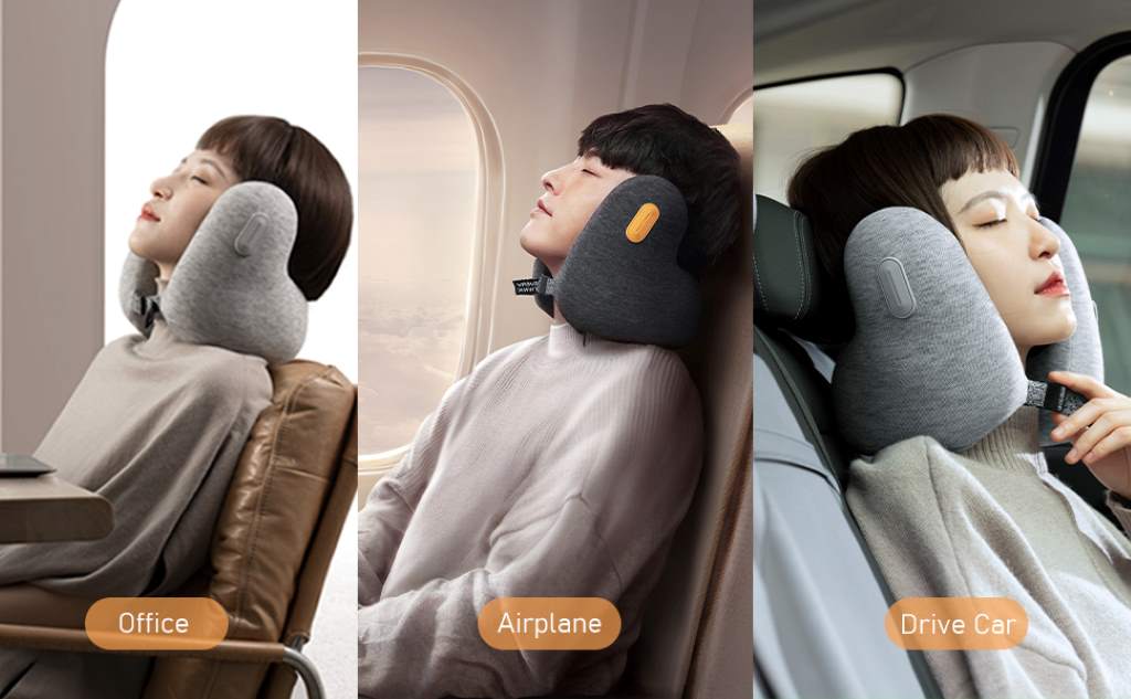 Woman sleeping comfortably on airplane with twisted Dot&Dot memory foam travel pillow supporting neck