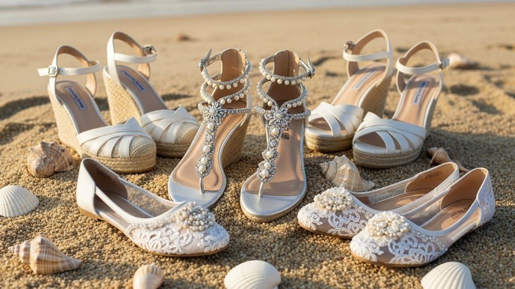 Collection of beach wedding shoe options including wedge heels, barefoot sandals, and decorated flats arranged on sand with seashells