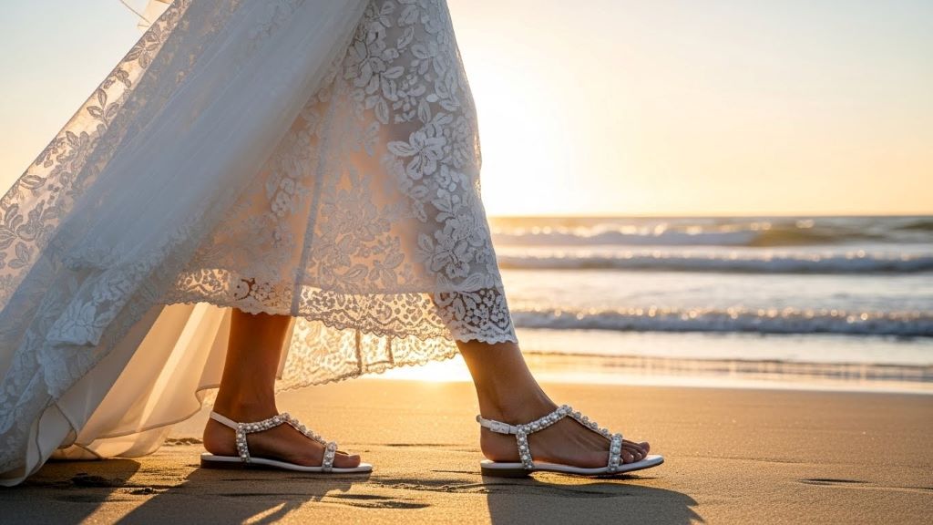 Bride wearing elegant white flat sandals with pearl embellishments walking on sandy beach during outdoor wedding ceremony