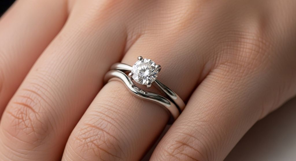Close up of hand wearing stacked engagement ring with solitaire diamond and matching curved wedding band on ring finger