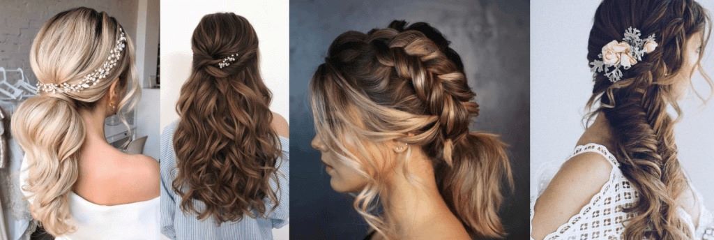 Elegant bridal hairstyle tutorial featuring a classic low bun with soft curls and delicate wedding hair accessories