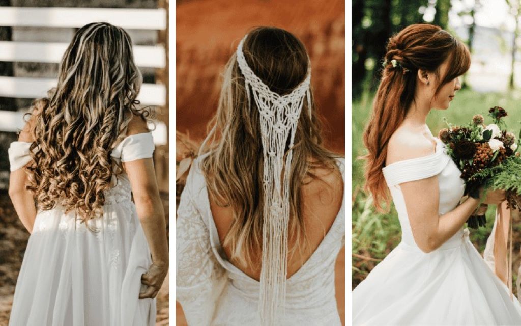 Concept showing elegant hairdos complementing various wedding gowns.