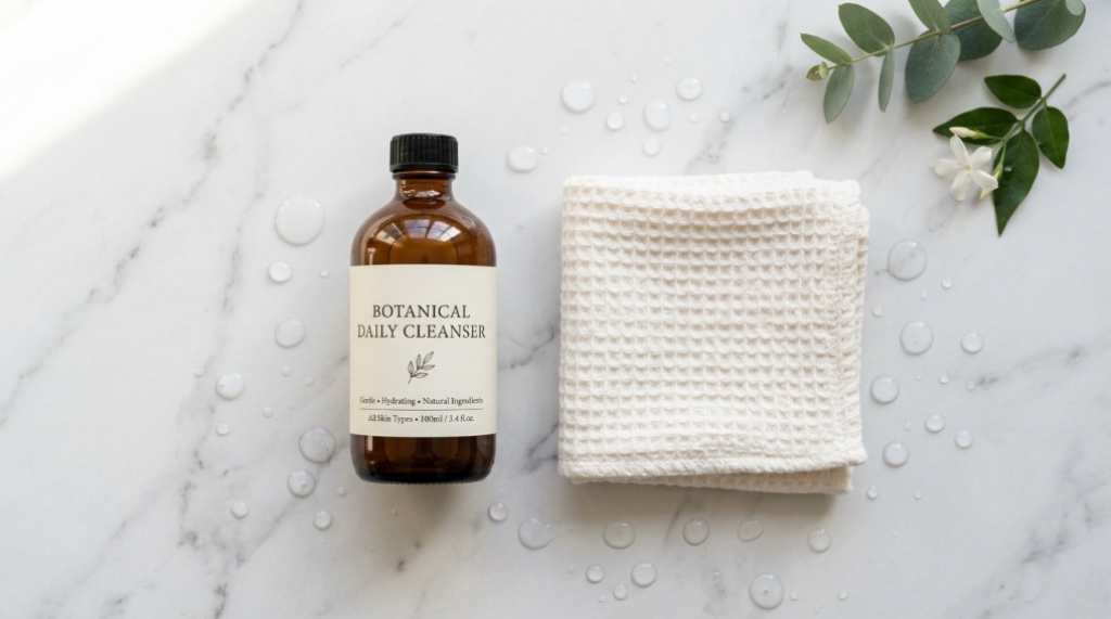 Fresh facial cleanser and white washcloth on a marble counter.