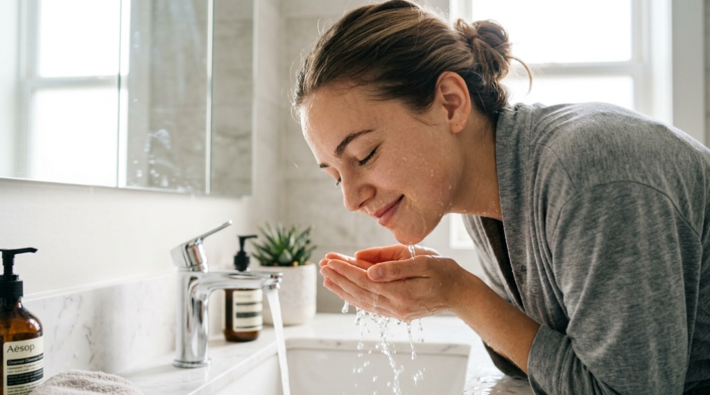 Person gently washing their face with water in a bright bathroom.